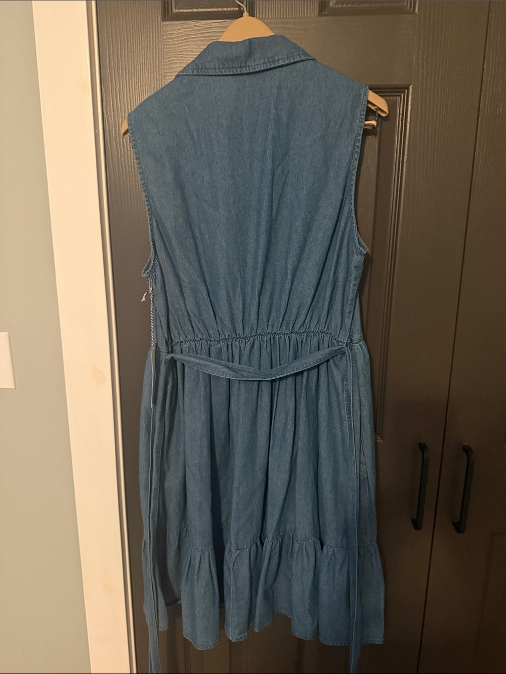 Sleeveless Denim Shirt Dress with Tie Waist - Blue - Picture 6 of 8